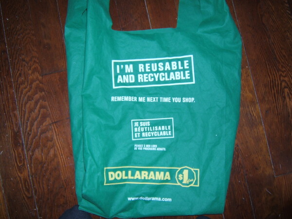 Dollarama bag claiming to be reusable and recyclable.