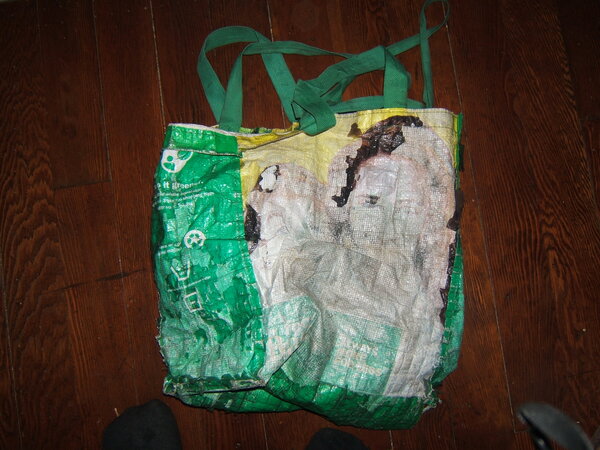 Degraded Food Basics bag, side two. It is barely legible.